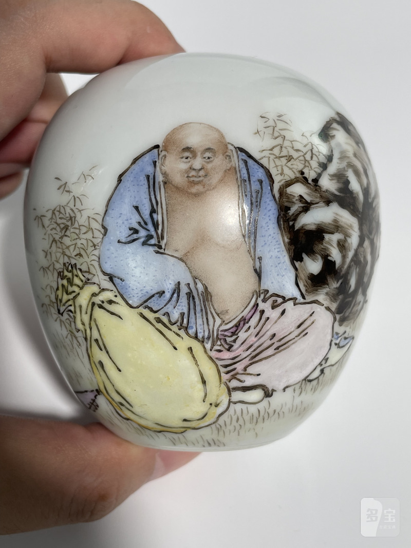 民国 粉彩刘希任作“布袋罗汉”水盂 - 图4